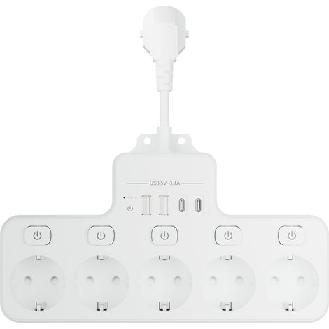 Steckdosenleiste, kurzes Kabel, 5 Steckdosen, USB Typ-C Steckdosenleiste, Multifunktionssteckdose, Verlängerungskabel, mit Schalter, USB, Steckdose, geeignet für Zuhause und Büro, 1 Stück, weiß.