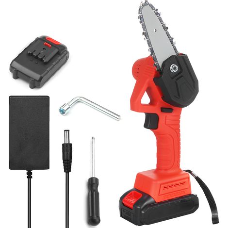 Tronçonneuse sans fil 21 V avec batterie 2,0 Ah et chargeur. Mini tronçonneuse électrique de 10 cm (4 pouces) pour l'élagage et la coupe du bois. (1/2)