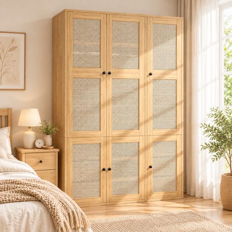Armoire de Chambre en Rotin 135x47x200cm - Penderie Vintage avec 2 Tringles, 6 Tiroirs et 4 Compartiments - Grand Dressing Design Bohème Chic (1/5)