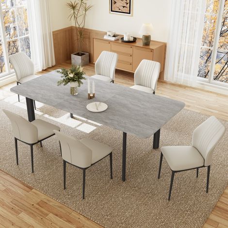 HIPIHOM Ausziehbares Tischset, 160–200 cm Küchentisch mit 2 cm dicker Platte für Esszimmer oder Heimbüro (grauer Tisch, 6 Stühle, PU, weiß)