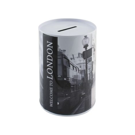 Hucha lata London de metal, diseño urbano y moderno, 12,5 x 8 cm, para ahorro y decoración - MARCA. (1/5)