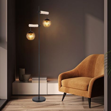 Stehlampe Stehleuchte Standlampe Beistellleuchte Wohnzimmerlampe, Höhenverstellbar, Holz naturfarben Glasschirme amber Metall schwarz, 2x E27 Fassungen, LxBxH 51x25x168cm