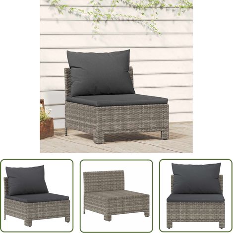 The Living Store Garten-Mittelsofa mit Kissen Grau Poly Rattan - Gartenmöbel - Rattan Gartenmöbel - Lounge Set - Außenwohnsitz - Balkonmöbel (1/5)