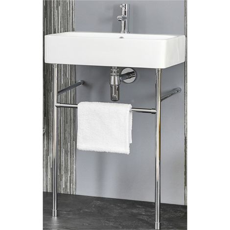 Milano Farington White Ceramic Bathroom Basin Sink with One Tap Hole and Chrome Washstand - 600mm x 420mm (1/5)