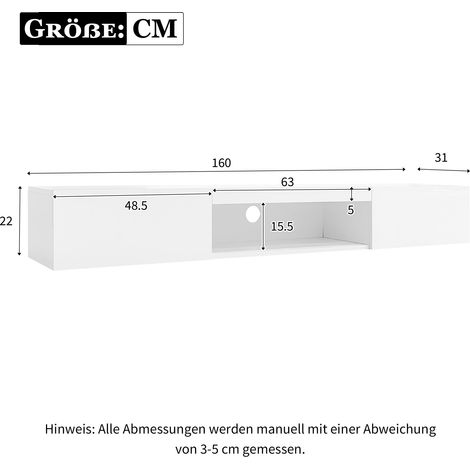 Hängendes TV-Lowboard 160 x 31 x 22 cm aus Spanplatte, Weiß, mit LED – MEUBLIV (1/5)