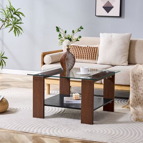 Table basse moderne avec rangement, plateau en verre trempé et pieds en bois finition noyer, 65 x 41 x 45,5 cm, table de salon contemporaine pour home office et petits espaces
