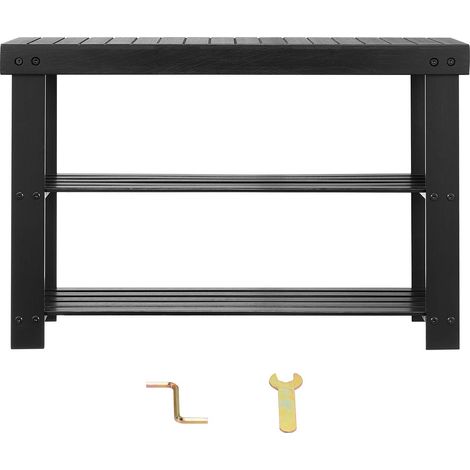 Mophorn Panca portascarpe in legno massello 70 x 29 x 45 cm, panca da ingresso con capacità di carico fino a 130 kg, scarpiera a 3 ripiani con seduta imbottita, ideale per ingresso, corridoio, nero (1/5)