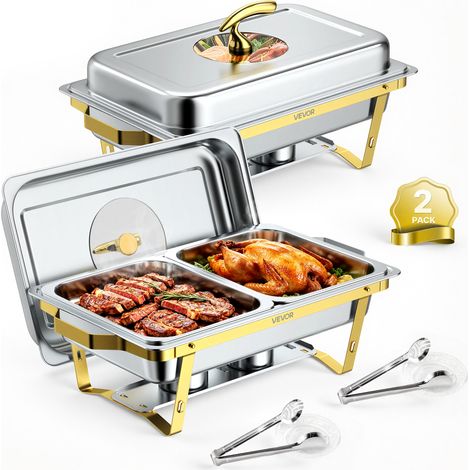 VEVOR Calentador de Comida para Bufe 8,52 L, de Acero Inoxidable, Rectangular, Apilable, con 1 Bandeja Grandes y 2 de Tamaño Medio, Tapas, Soportes para Combustible, para Banquetes, Bodas, Fiestas (1/5)