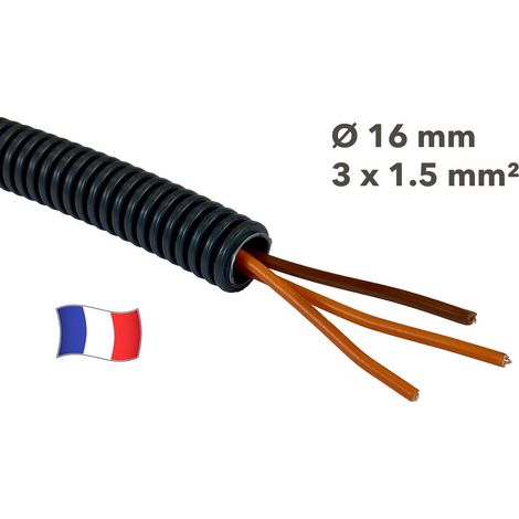Gaine électrique préfilée 5 mètres diam 16 avec 3 fils Orange, Orange, Marron 1.5 mm² - PREFA ELEC (1/2)