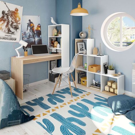 Pack Muebles de Oficina Dormitorio Juvenil Color Blanco artik y Roble canadian (Mesa duplo + estantería)