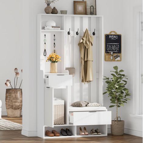 Schuhschrank 100 x 30 x 180 cm mit Bank, 8 Haken, 2 Schubladen und Schrank, weiß HAVRYA (1/5)