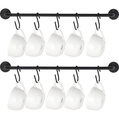 Lot de 2 porte tasses à café à fixation murale moderne en métal avec 10 crochets rustiques pour ustensiles de cuisine, salle à manger, café, noir (1/5)