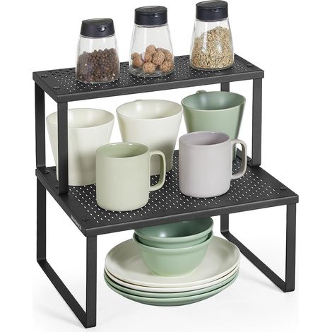 Étagère à Épices - Lot de 2 - Métal Noir - Empilable et Extensible - Rangement Cuisine et Cellier - Dimensions Compactes (1/5)