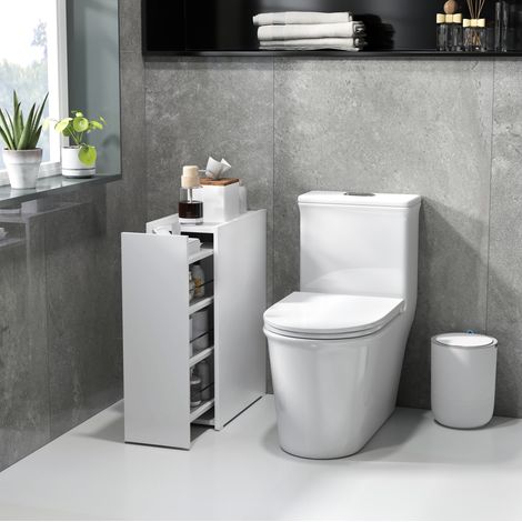 Meuble de salle de bain étroit moderne en bois blanc 47 x 25 x 66,5 cm avec tiroir 3 compartiments et roulette (1/5)