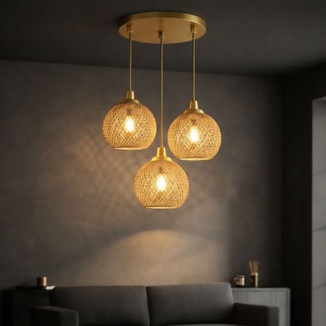 Pendelleuchte Korb Schirm Metall E27 30 cm breit H: max. 95 cm in Gold Antik 3-flammig Kugel Modern