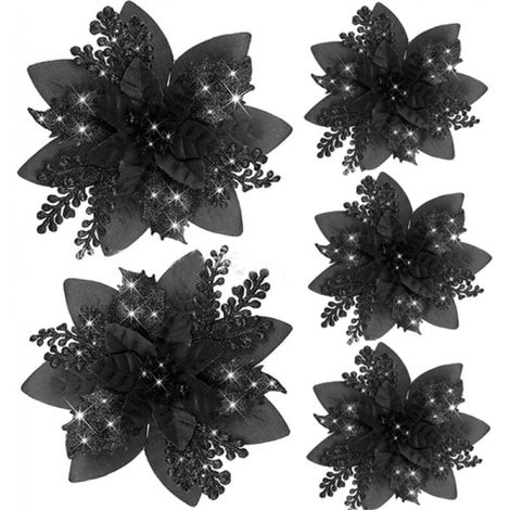 paillettes fleurs de noël artificielles décoration d'arbre bonne année ornements 20 pièces 14,5 cm Noir (1/3)