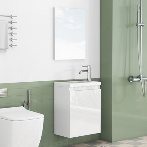 Mueble de baño con lavabo 40 cm blanco brillante, mural, con espejo HAVRYA (1/5)