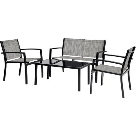 Habitat Et Jardin – Salon de jardin bas 4 places en métal et textilène – Gris – Table en verre noir – Fauteuils confortables – Résistant aux intempéries (1/4)