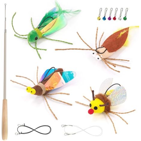 Cat Toys Interactive Cat Toys Feather and Insect Toys with Bells Expanding Spring Stick Cat Toy for Kittens and Cats Wooden Stick (1/5)