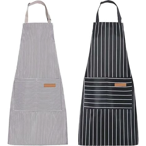 2 gestreifte Küchenschürzen, Unisex, aus Baumwolle und Leinen, mit verstellbarem Latz und 2 Taschen zum Kochen, Backen und Malen, schwarz und grau. (1/4)