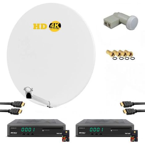 KIT PARABOLE SATELLITE HD4K FIBRE BLANCHE 85CM + LNB TWIN + 2X RECEPTEURS TV ORS 9992 TNTSAT AVEC CARTE (1/3)