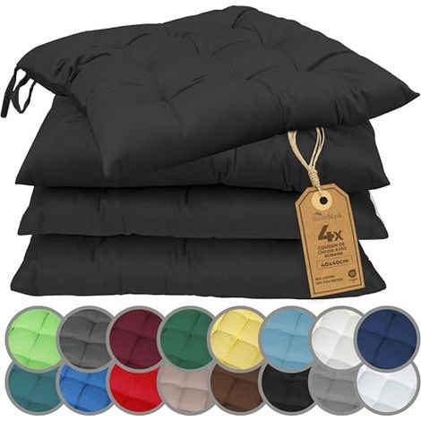 Lot de 4 Galettes de Chaises avec Rubans 40x40 cm – Coussin de Chaise Épais pour Intérieur & Jardin – Couleur Noir (1/5)