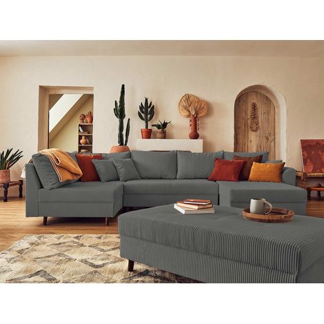 Rune – wohnlandschaft links – 7-sitzer – mit hocker – aus cord - dunkelgrau