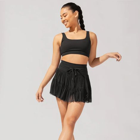 Jupe de yoga femme unie à taille haute, cordon coulissant, double couche en mesh respirant, jupe-short de sport pour fitness, running et tennis, sèche-rapide (1/5)