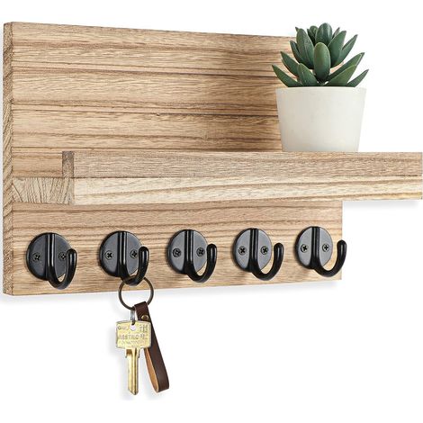 Porte-clés mural décoratif en bois de paulownia avec étagère et grands crochets pour sacs et manteaux – Accessoires de fixation inclus (1/5)