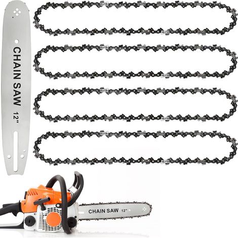 4 x 12-Zoll-Kettensägenketten mit 34,5 cm Führungsschiene, Kohlenstoffstahl, zum Holzschneiden, Beschneiden und für Gartenarbeiten (1/5)