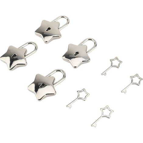 4er-Set Schatztruhen-Vorhängeschloss Mini-Metall-Tagebuch-Schmuckkästchen Dekoratives Schloss mit Schlüssel S007 Fünfzackiger Stern Silber (1/5)