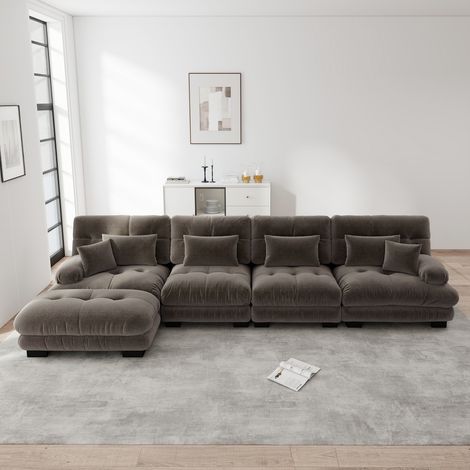 Divano ad angolo modulare - 406x145x81 cm - 4 posti - Stile Cloud con pouf rimovibile - Tessuto chenille - Marrone