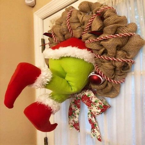 Décoration de Noël : Couronne de porte d'entrée en toile de jute avec motif de voleur de Noël et ornements de sapin de Noël Père Noël 2021 (1/4)