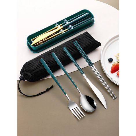Couverts (vert argenté) : couteau, fourchette, cuillère, baguettes, avec boîte (1/5)