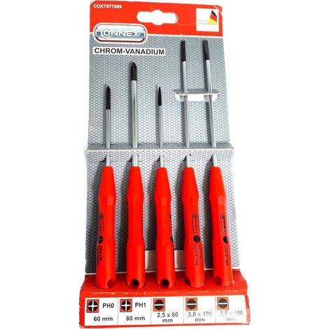 Set de tournevis de mécanique de précision long 5 pièces, Argent/noir/rouge (1/2)