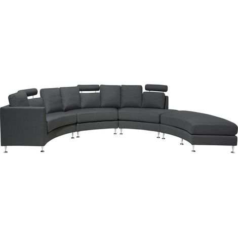 Beliani – Canapé panoramique rond 7 places en tissu gris foncé – Housses amovibles – Pieds en métal argenté – Confort optimal pour salons modernes (1/5)
