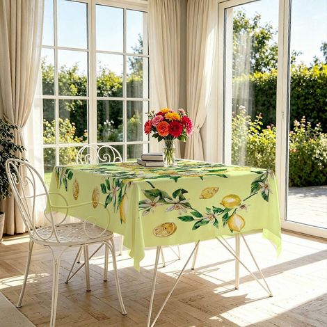 Nappe citron vert clair à motif de feuilles, nappe de table estivale, résistante aux taches et pratique pour les fêtes et le quotidien en été. (1/4)