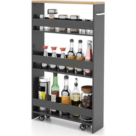 COSTWAY Carrello da Cucina a 4 Ripiani, Carrello in Legno con 4 Ruote Universali, Carrello Scaffale Stretto Salvaspazio con Manico per Bagno, Ufficio e Officina, 47,5 x 20 x 80,5 cm (Grigio) (1/5)