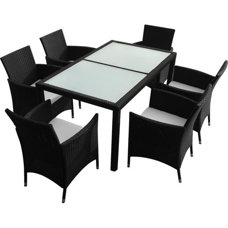 Ensemble Table et Chaise de Jardin 7 pcs - Mobilier à dîner jardin avec coussins Résine tressée Noir BV721039 - BonneVie (1/5)