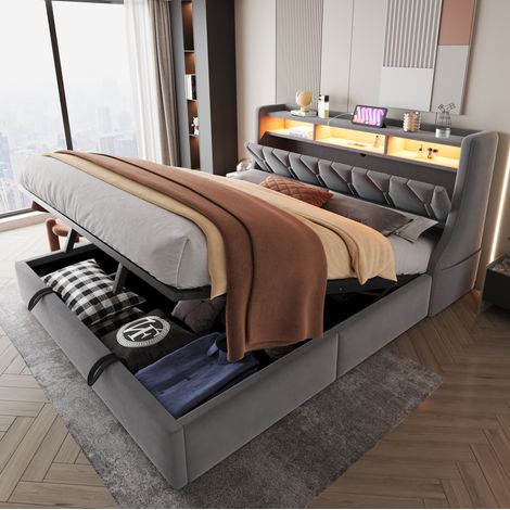 lit adulte rangement hydraulique 180x200 velours gris HAVRYA (1/5)