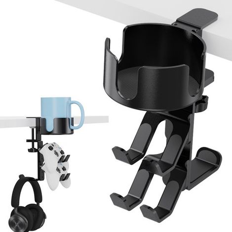 Soporte de escritorio 4 en 1 para vasos con gancho para auriculares y soporte para mandos, Clip universal ajustable y giratorio, botellas de agua (1/5)