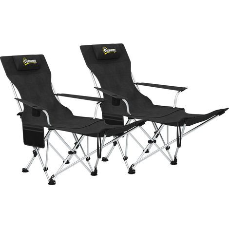 Set aus 2 verstellbaren, klappbaren Campingstühlen mit Fußstütze, Aufbewahrungstasche, Getränkehalter und Kopfstütze. Schwarz. (1/5)