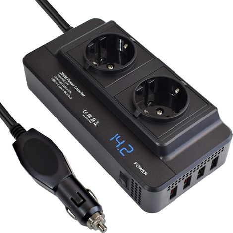 Convertidor inversor de corriente de 200 W, 12 V a 220 V, transformador de onda sinusoidal modificada, adaptador de cargador, toma de encendedor de automóvil con 2 salidas de CA, 4 puertos USB y panta