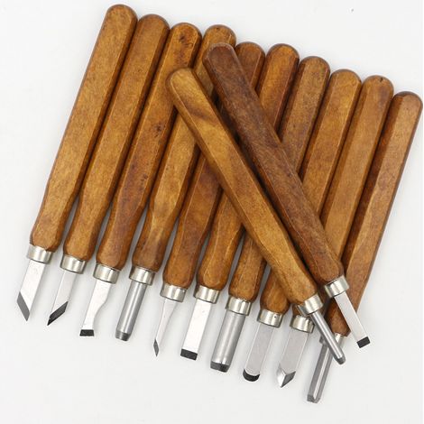 Ensemble de 12 couteaux à sculpter le bois - Ciseaux à bois - Couteaux à sculpter - Outils à main pour la sculpture sur bois - Manche en bois/acier inoxydable - Marron (1/5)