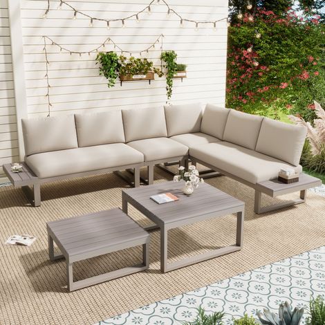 Salotto da Giardino 6 Posti in Poliestere e Acciaio con 2 Divani, 2 Tavoli e Cuscini, Beige e Kaki