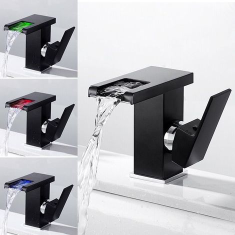 Grifo de baño con luz LED, grifo de lavabo de latón cromado, grifo monomando con iluminación variable RGB de tres colores, negro. (1/5)