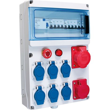 Coffret de chantier triphasé 6 prises IP44 2P+T, 230V, 16A + 1 Prise IEC 16A + 1Prise IEC 32A - Eur'Ohm