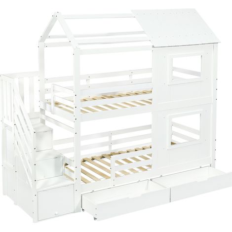 Lit superposé, lit enfant, armoire d’escalier avec compartiments de rangement, tiroir de rangement à roulettes, belles fenêtres et toit, sommiers à lattes stables, pin + MDF + contreplaqué, blanc, 90x (1/5)