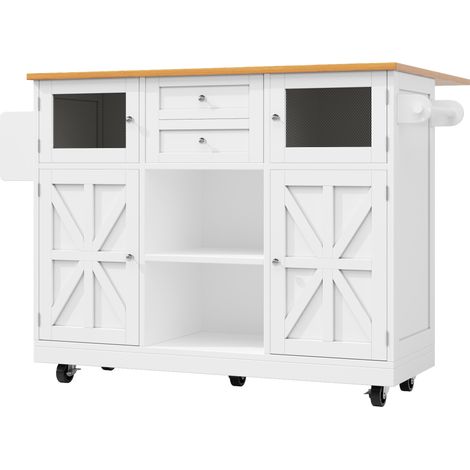 Desserte de cuisine avec plan de travail pliable, roulettes multidirectionnelles et rangement réglable, finition bois blanc (1/5)
