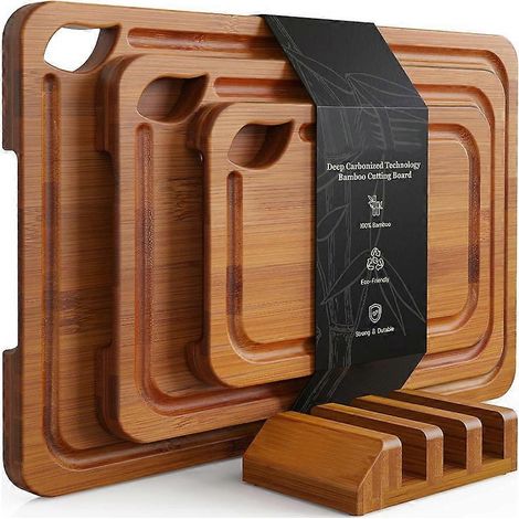 Planches à découper en bambou carbonisé pour la cuisine, avec support de rangement en bois, rainures à jus et poignées ergonomiques. (1/5)